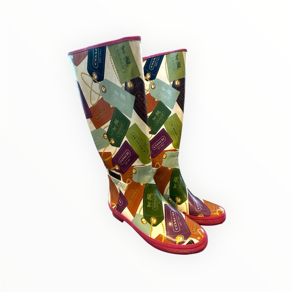 COACH Pammie Multi Color Decorative Hang Tags Rubber Rain Boots- Size 6B